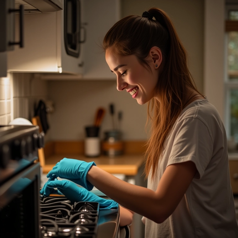 Mulher sorrindo enquanto limpa o forno com luvas.