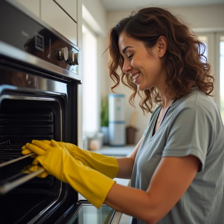 Mulher sorrindo limpando forno elétrico com luvas de proteção.