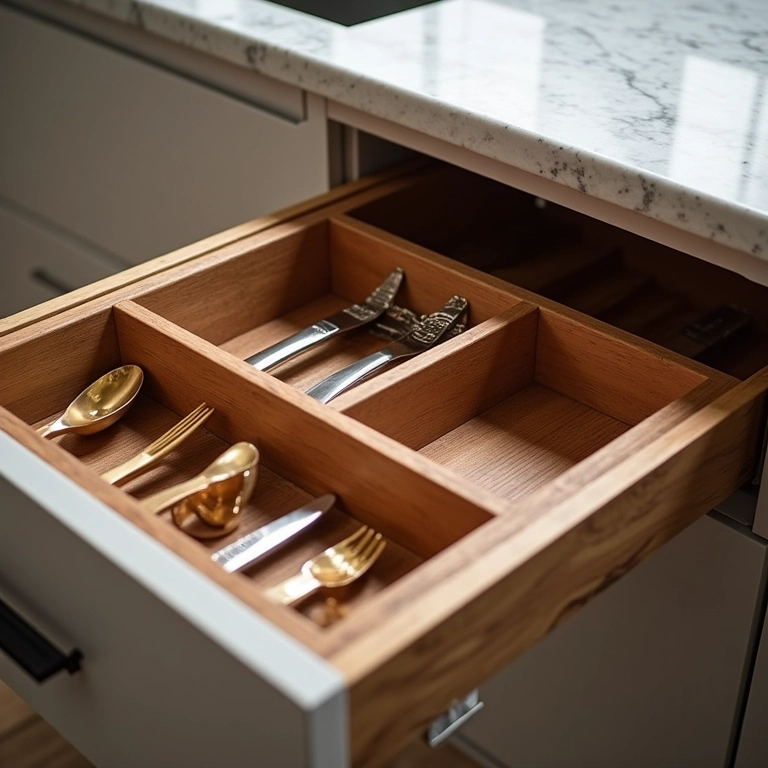 Nichos de madeira sob medida organizando talheres em gaveta.