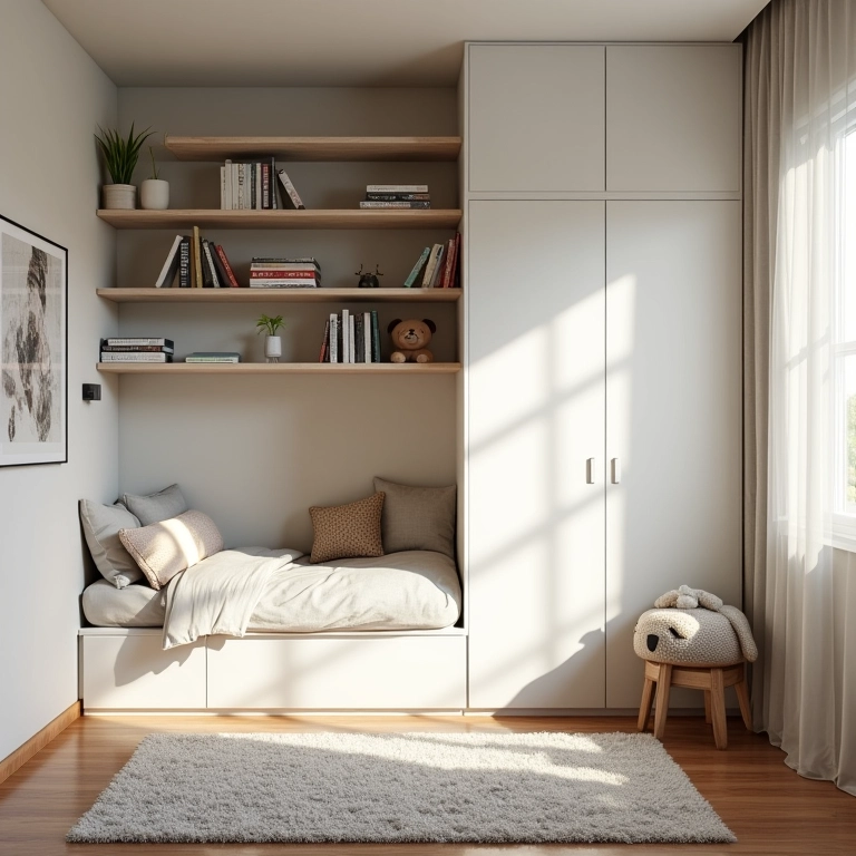 Nichos e prateleiras funcionais em quarto de adolescente com decoração brasileira.