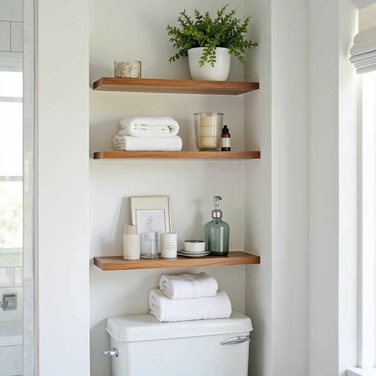 Nichos e prateleiras no lavabo para organização.