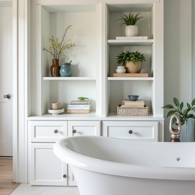 Nichos e prateleiras organizando itens em um banheiro.