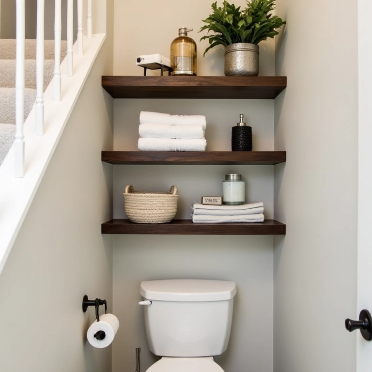 Nichos e prateleiras organizando lavabo embaixo da escada.