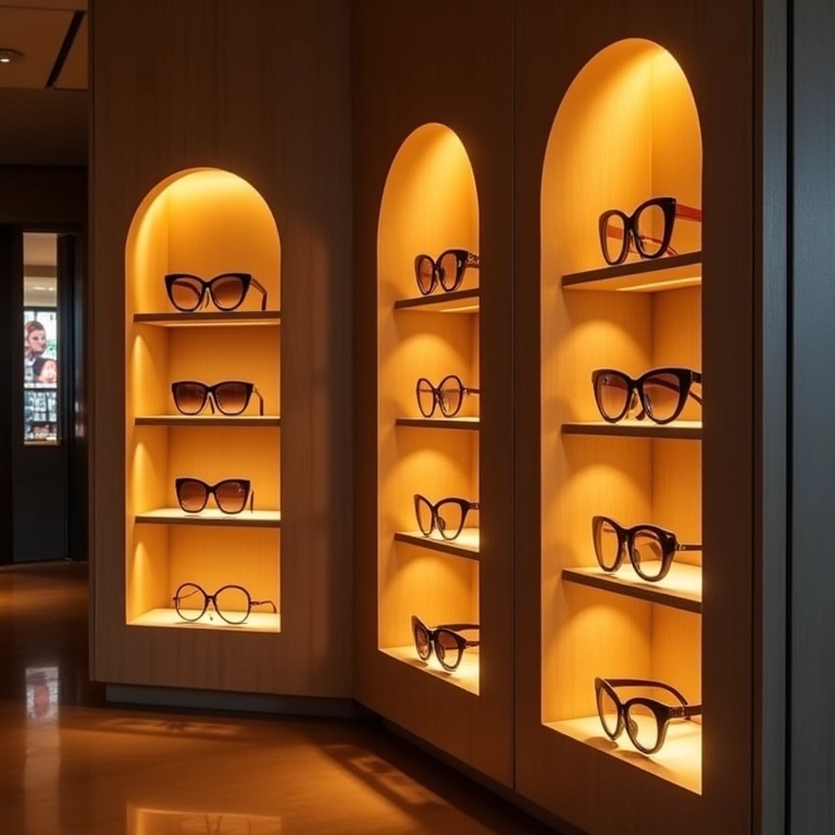 Nichos iluminados destacando óculos de luxo.
