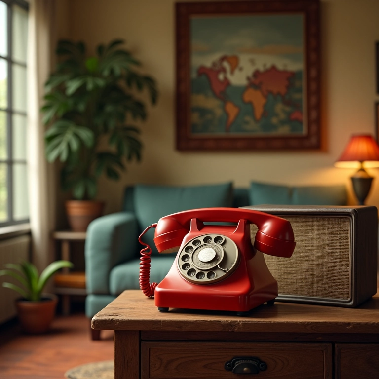 Objetos decorativos temáticos: telefone retrô, rádio toca-fitas e livros antigos.