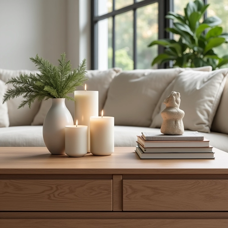 Objetos decorativos valorizando uma mesa de centro com gavetas.