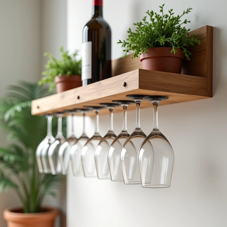 Organizador de taças de vinho fixado na parede, otimizando espaço.