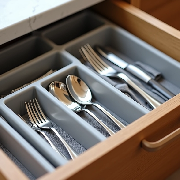 Organizador modular de talheres em gaveta de cozinha.