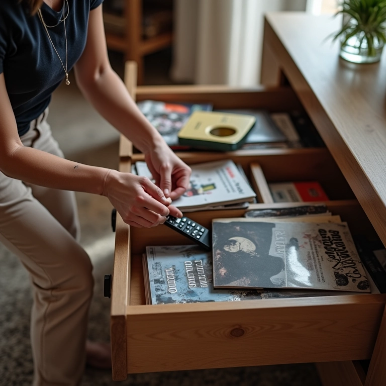 Organizando uma mesa de centro com gavetas.