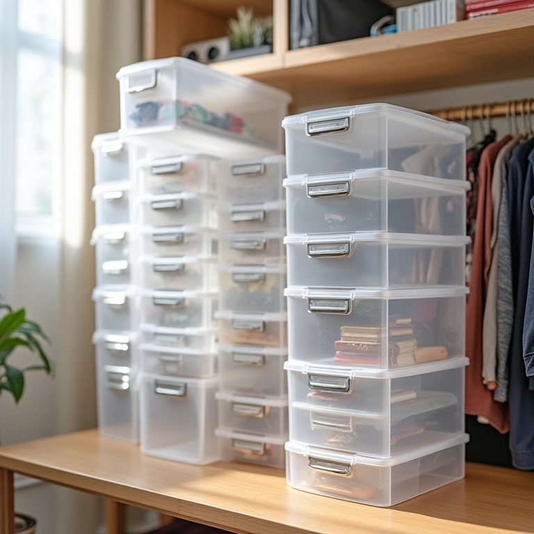 Otimização de espaço com caixas organizadoras em diferentes ambientes.