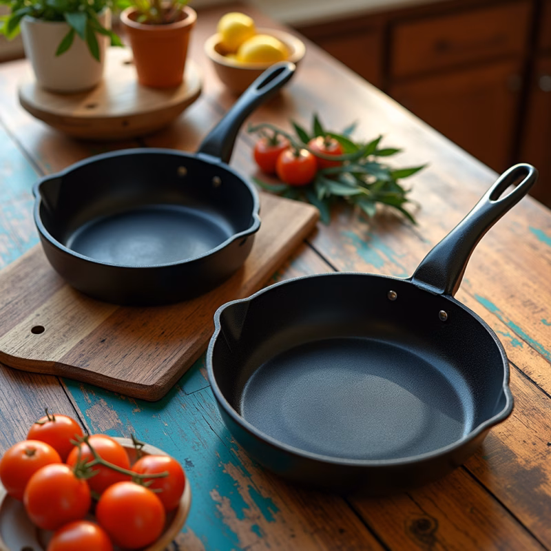 Overhead shot, professional photography, different sizes non-stick pans (small, medium, large) on a Panelas antiaderentes de diferentes tamanhos: pequena, média e grande.
