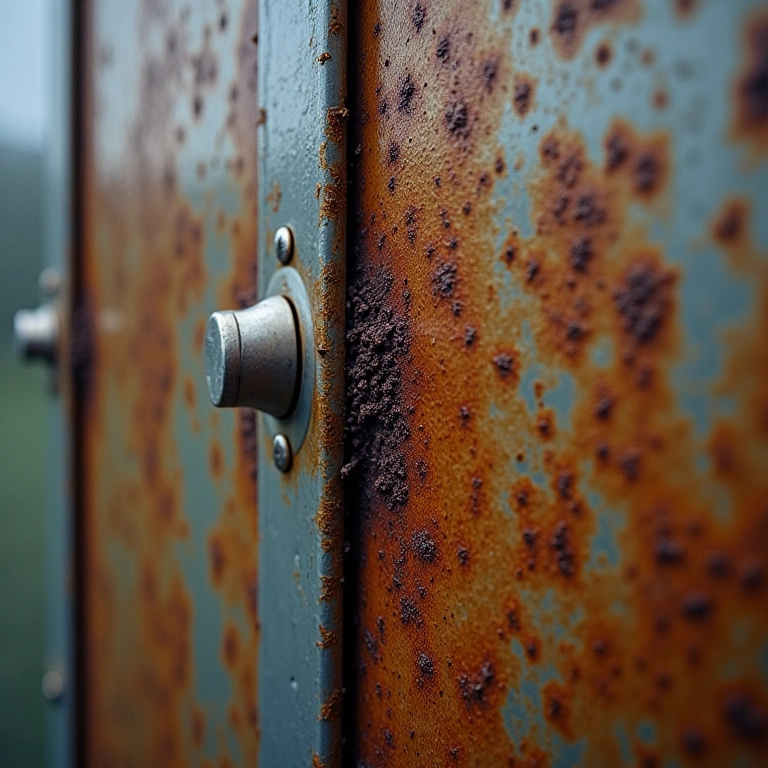 Oxidação em porta de aço em ambiente úmido.
