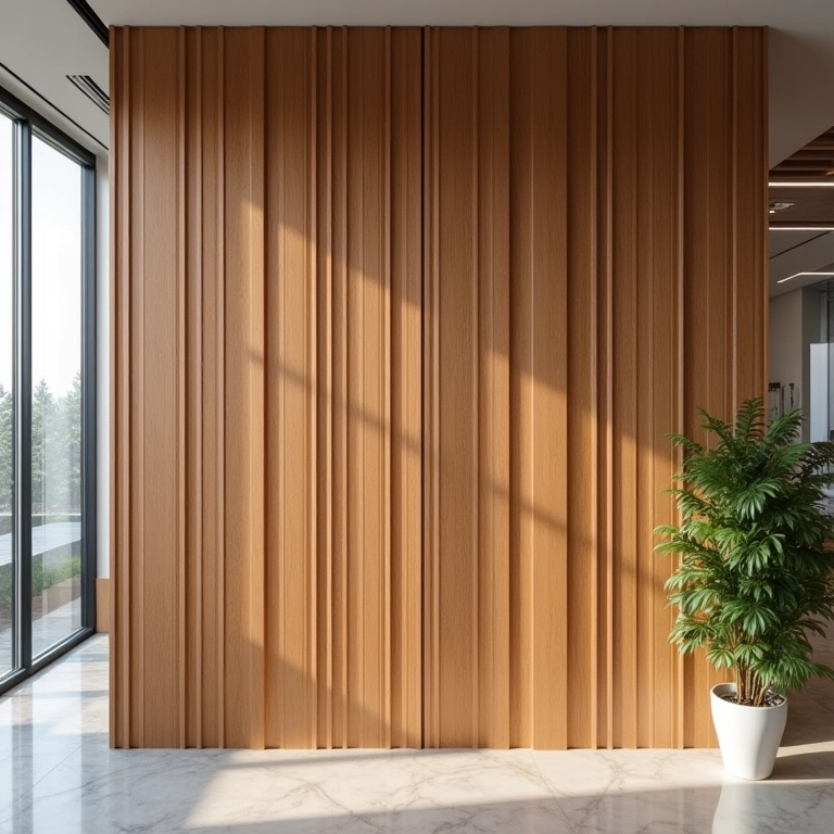 Painéis de bambu vertical em escritório contemporâneo.