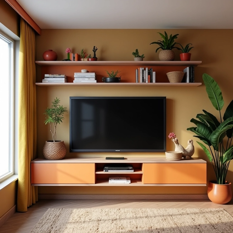 Painéis e racks suspensos em sala de TV pequena e moderna.