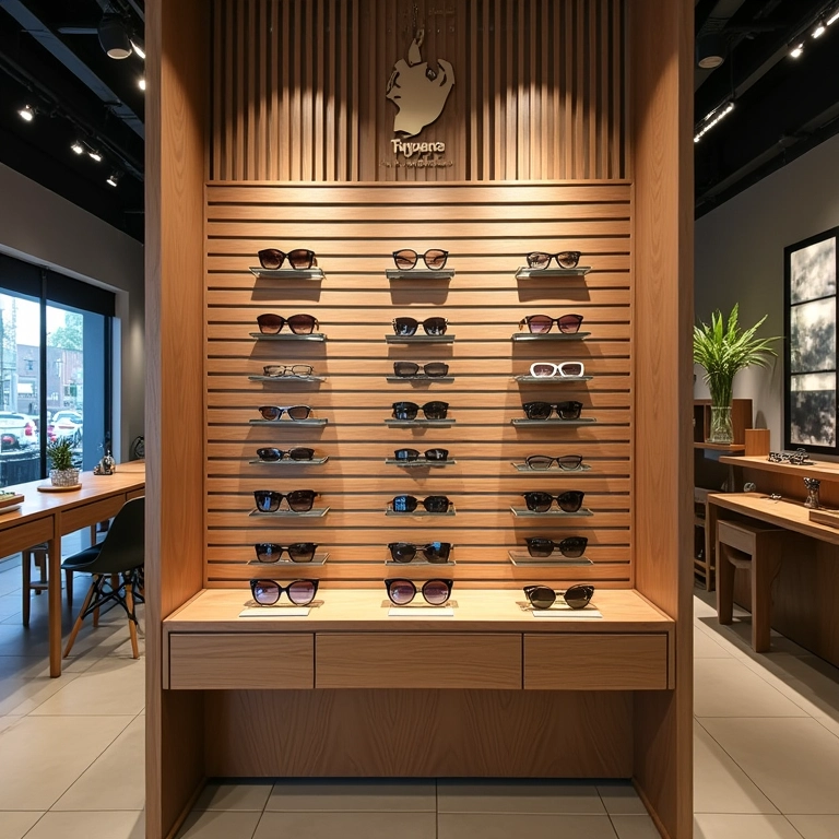 Painel canaletado exibindo óculos de forma organizada.