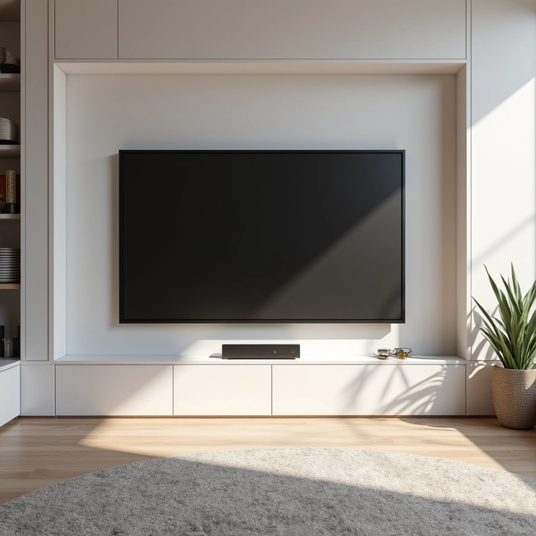 Painel de TV moderno em sala de estar com linhas limpas.