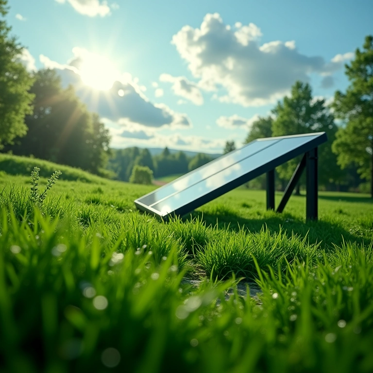 Paisagem verde com sistema de aquecimento solar reduzindo a pegada de carbono.