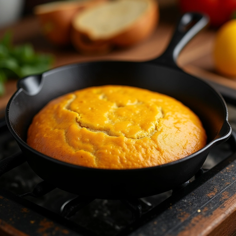 Panela de ferro fundido no forno assando um pão de milho.