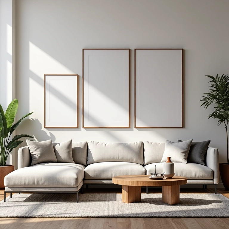 Parede da TV com quadros de diferentes tamanhos, formando uma composição harmoniosa.