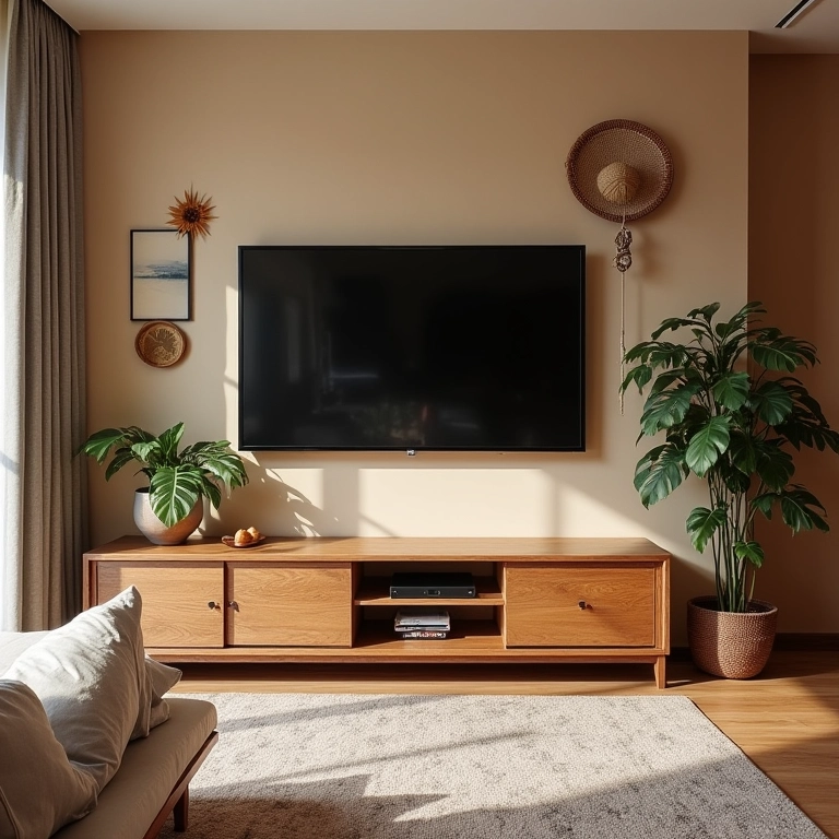 Parede da TV decorada com atenção aos detalhes e paleta de cores harmoniosa.