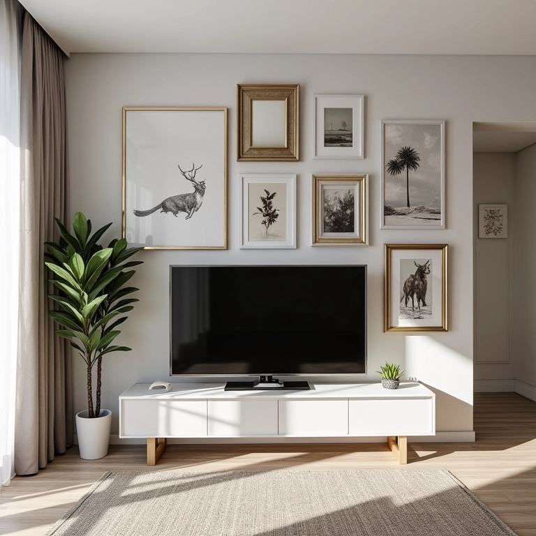Parede da TV decorada com diversos quadros e espelhos formando uma galeria de arte.