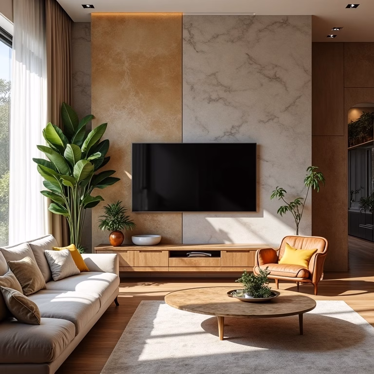 Parede da TV decorada com papel de parede, quadros, prateleiras e plantas em sala de estar vibrante.