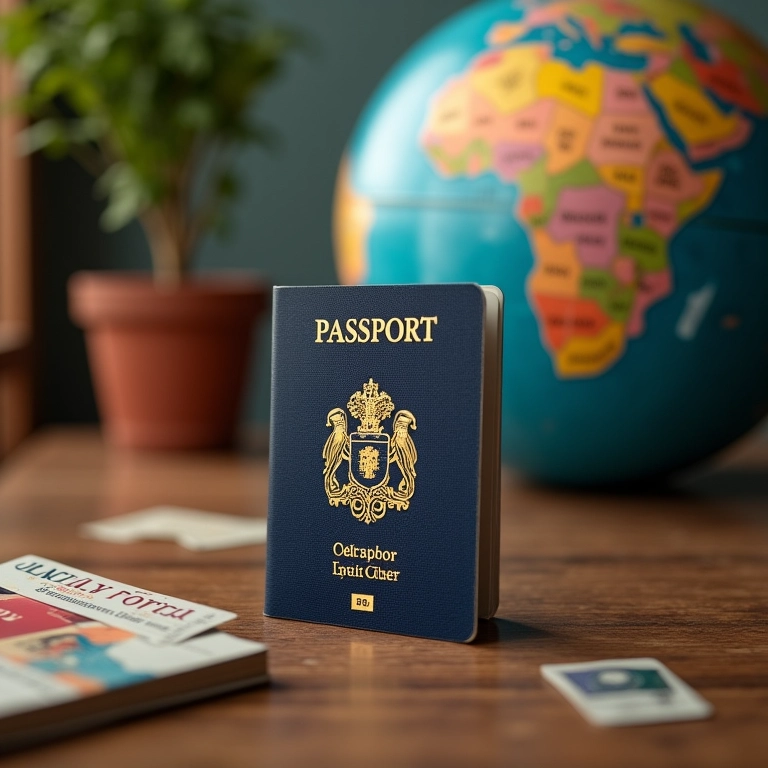 Passaporte aberto com ingressos aéreos e um globo ao fundo, inspirando viagens.