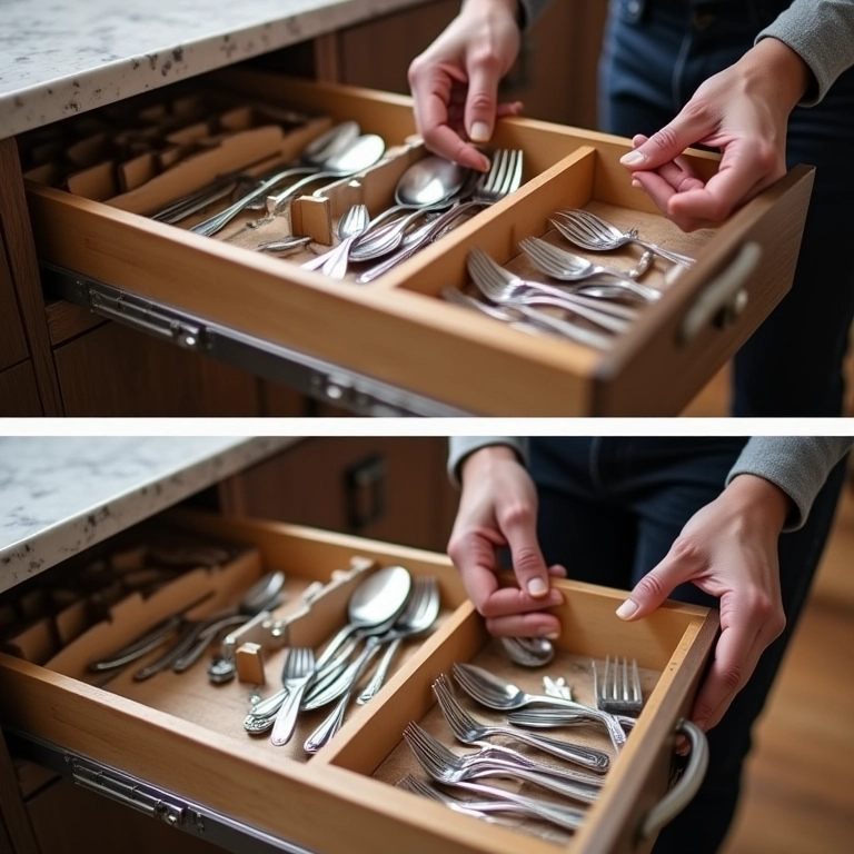 Passo a passo para organizar talheres na gaveta com organizadores personalizados.
