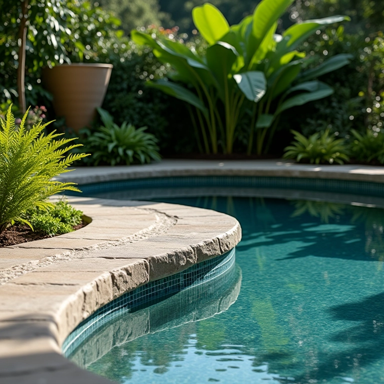 Pedra São Tomé valorizando a beleza natural da piscina, integrada a um exuberante jardim tropical brasileiro.