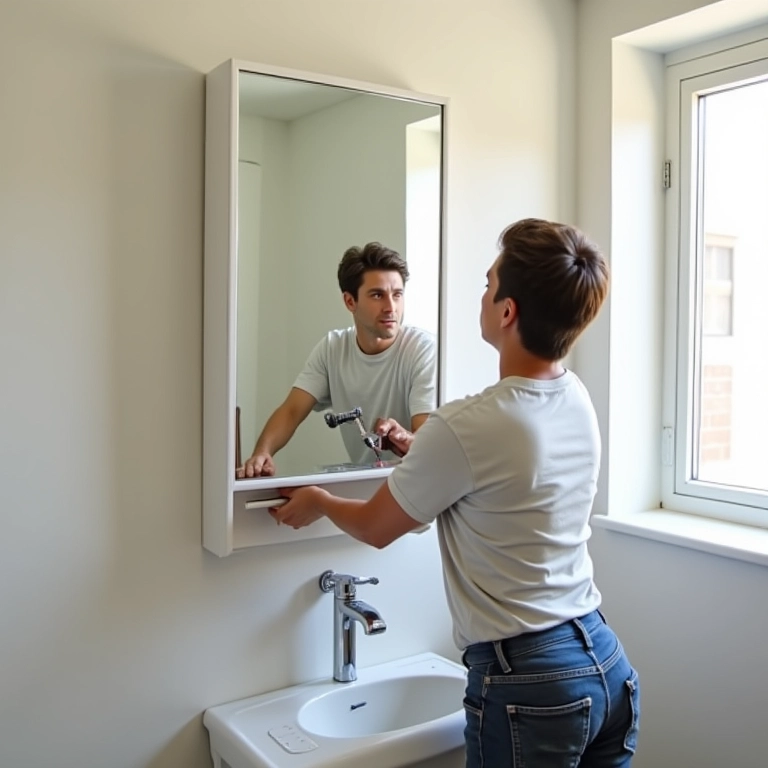 Pessoa instalando um armário com espelho no banheiro, com ferramentas e guia prático.