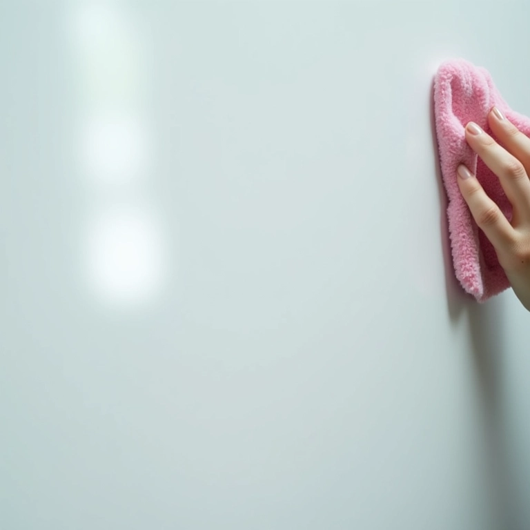 Pessoa limpando mesa lousa com pano macio e produtos de limpeza.