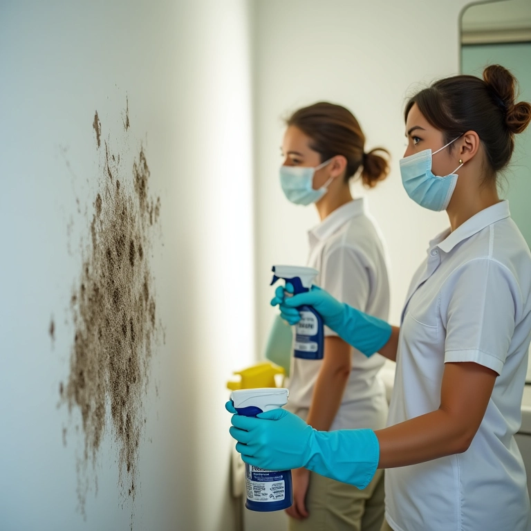 Pessoa limpando mofo da parede do banheiro com água sanitária, usando luvas e máscara.