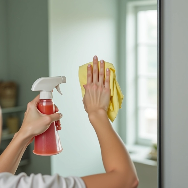 Pessoa limpando o espelho do armário do banheiro sem manchar, com produto de limpeza.