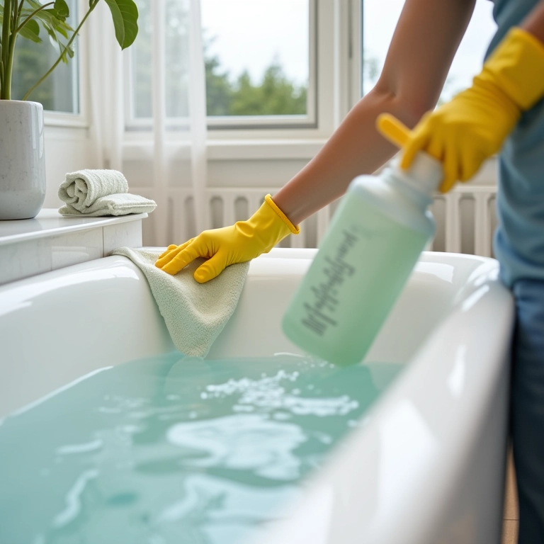 Pessoa limpando uma banheira com produtos de limpeza.