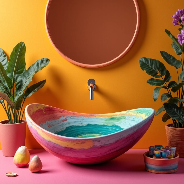Pia esculpida colorida em banheiro pequeno, alegria e personalidade.