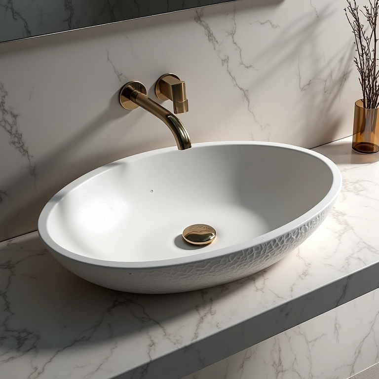 Pia esculpida com revestimento 3D em banheiro pequeno, textura e originalidade.