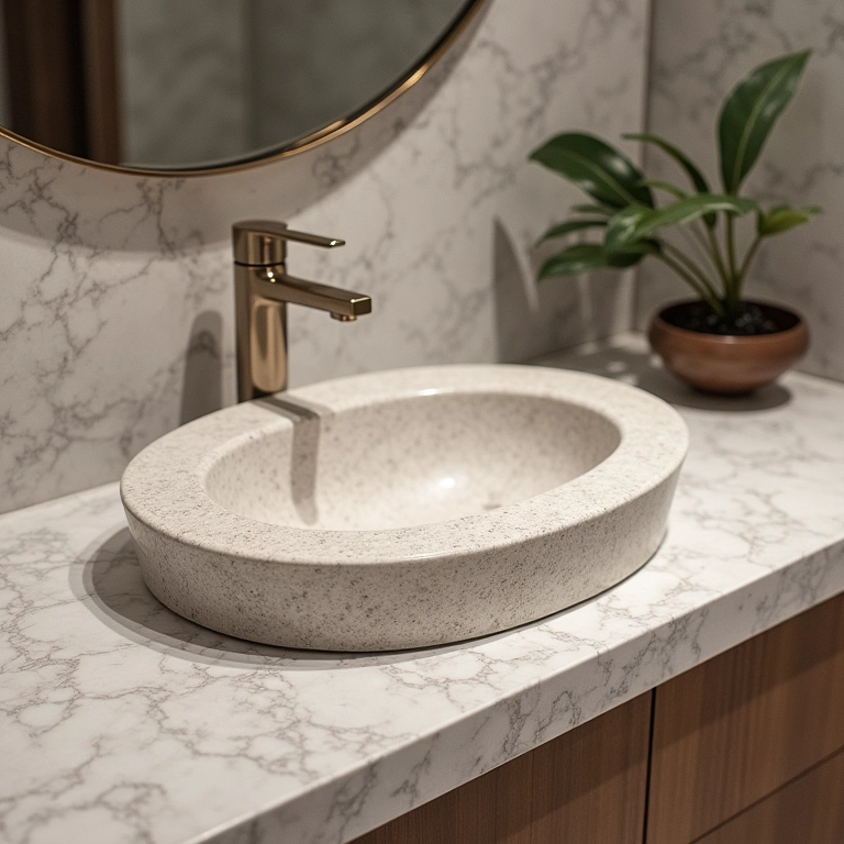 Pia esculpida de granito em banheiro pequeno, resistente e prática.