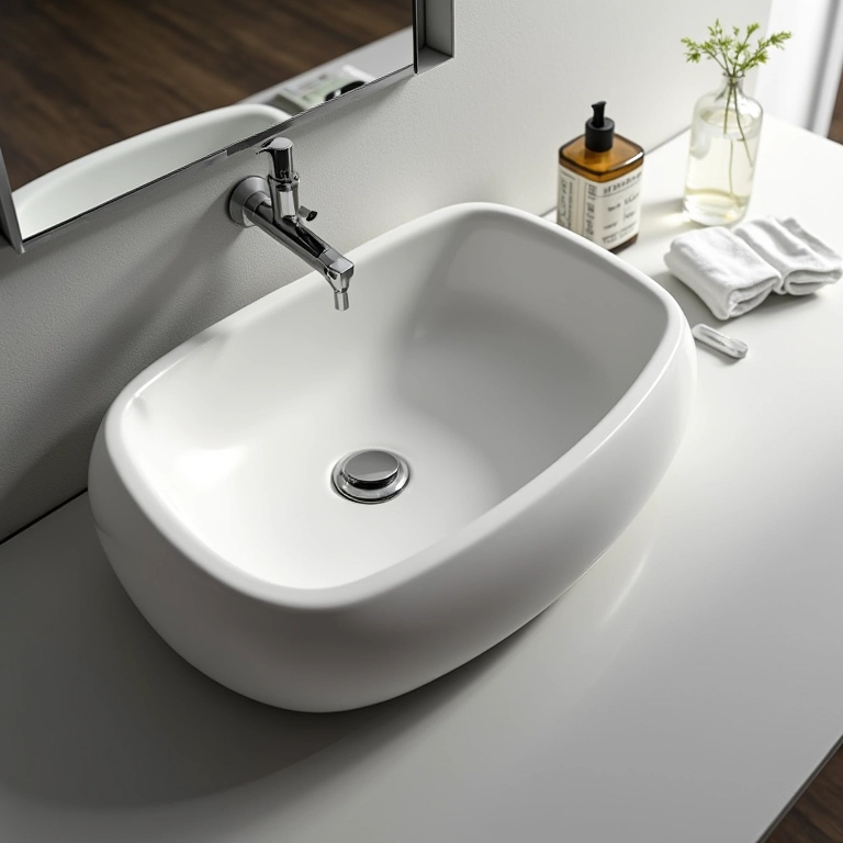 Pia esculpida de porcelanato em banheiro pequeno, design moderno e funcional.