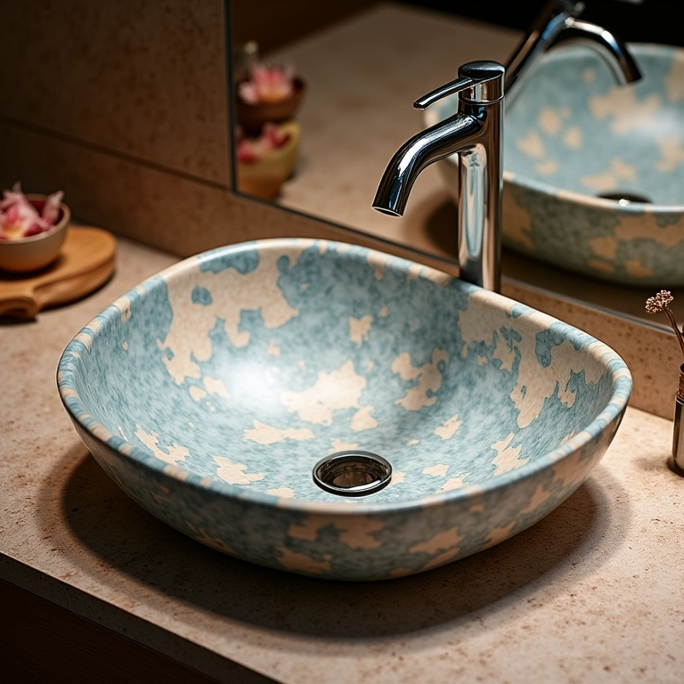 Pia esculpida de quartzo colorida em banheiro pequeno, design personalizado.