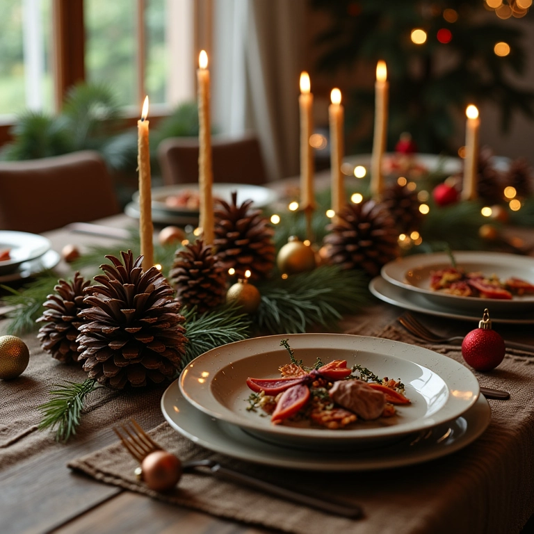 Pinhas e bolas de Natal decorando a mesa.