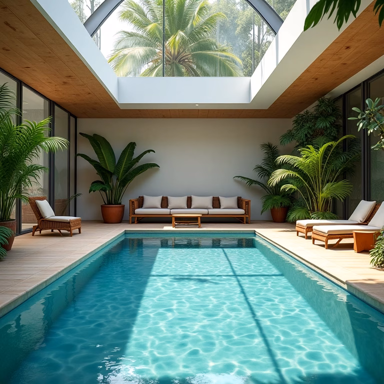 Piscina coberta com design moderno, iluminação natural e área de relaxamento.