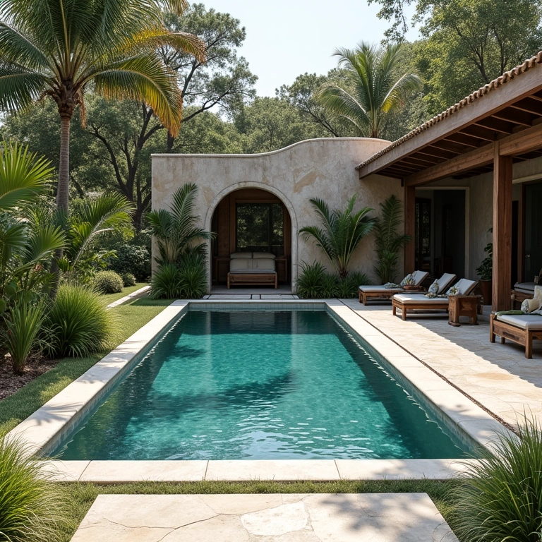 Piscina versátil com pedra São Tomé, diversos layouts e designs em ambiente com decoração estilo Farm Rio.