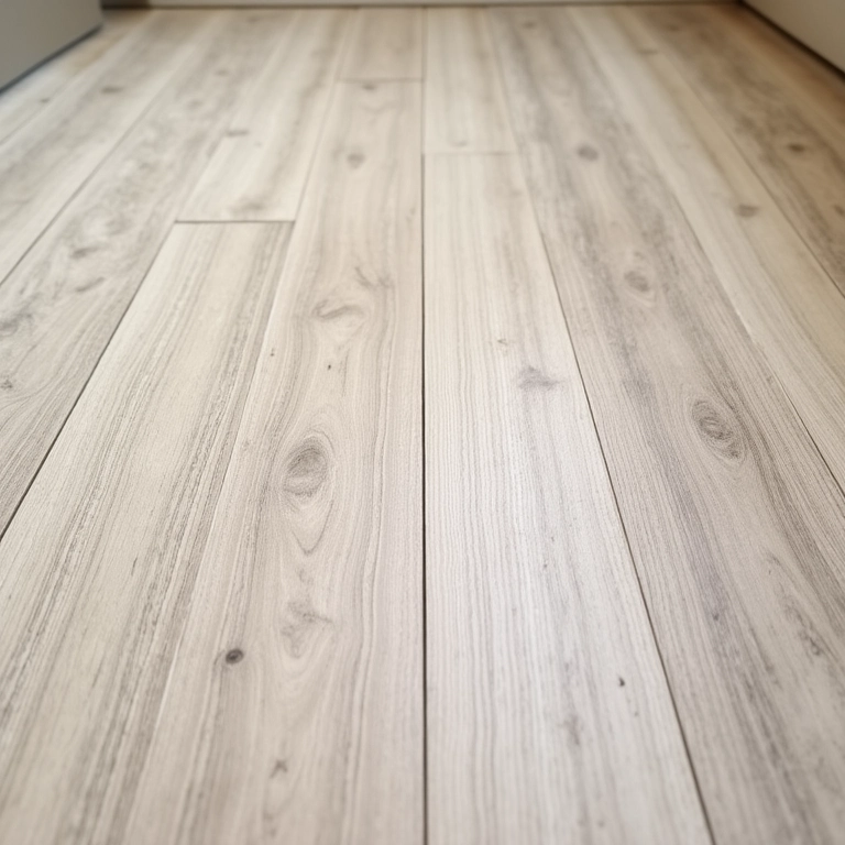 Piso de banheiro com revestimento que imita madeira sendo limpo.