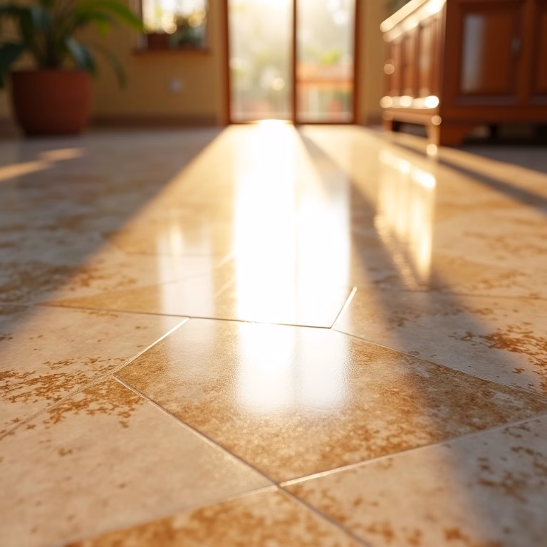Piso de porcelanato brilhando intensamente sob a luz natural, refletindo a beleza de uma casa brasileira bem cuidada.