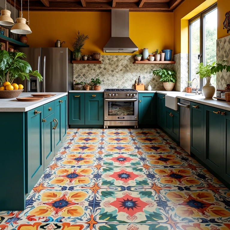 Piso de porcelanato esmaltado em uma cozinha brasileira colorida, com padrões vibrantes e estilo Farm Rio.