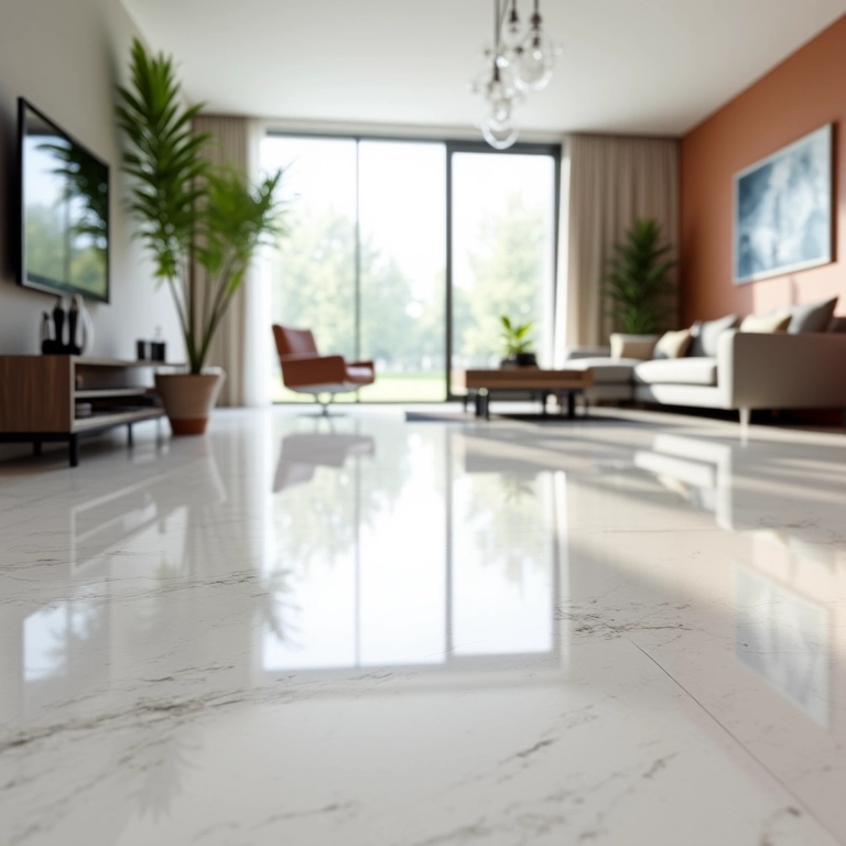 Piso de porcelanato polido refletindo uma sala de estar moderna, com decoração minimalista e acabamento de alto brilho.