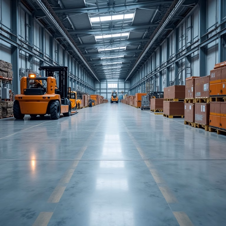 Piso industrial Korodur de alta resistência em fábrica moderna.