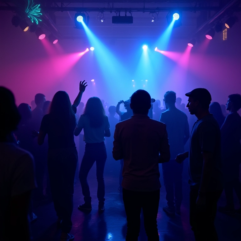 Pista de dança de boate sob luz negra com efeito glow.