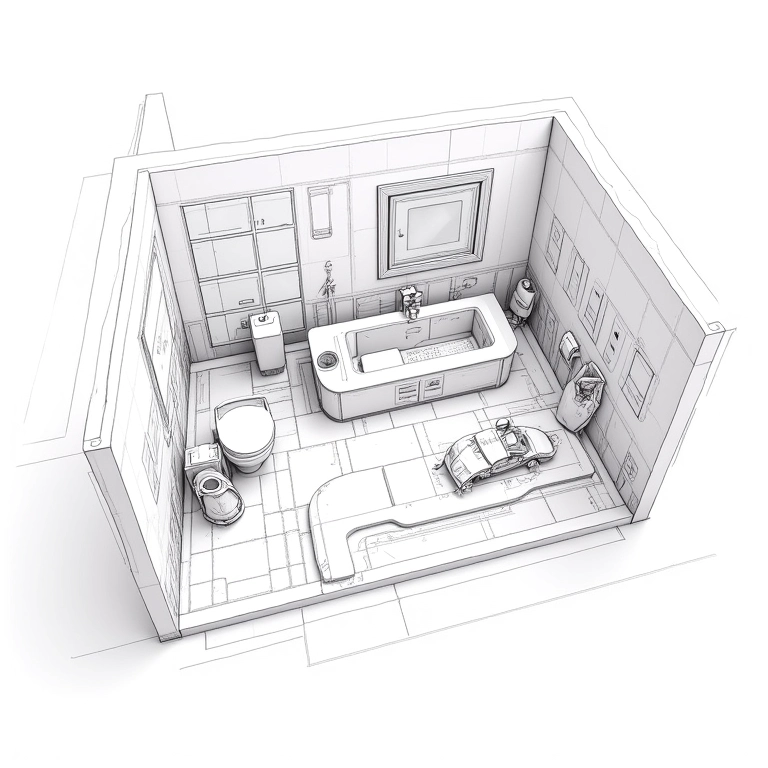Planta detalhada de banheiro com temática de carros, mostrando o planejamento espacial e a decoração.