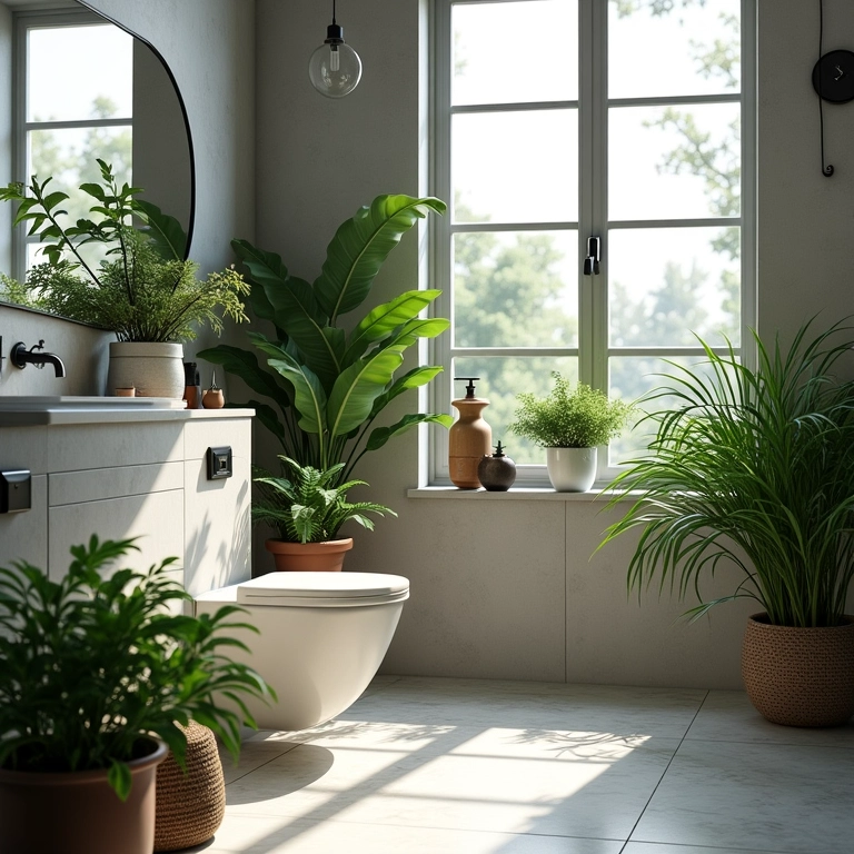 Plantas adicionando um toque de natureza em um banheiro temático de carros.